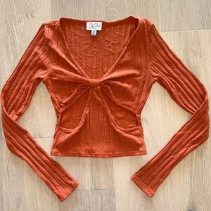 city sleek Rust Tie-Front Ribbed Side Cut Out Long Sleeve S